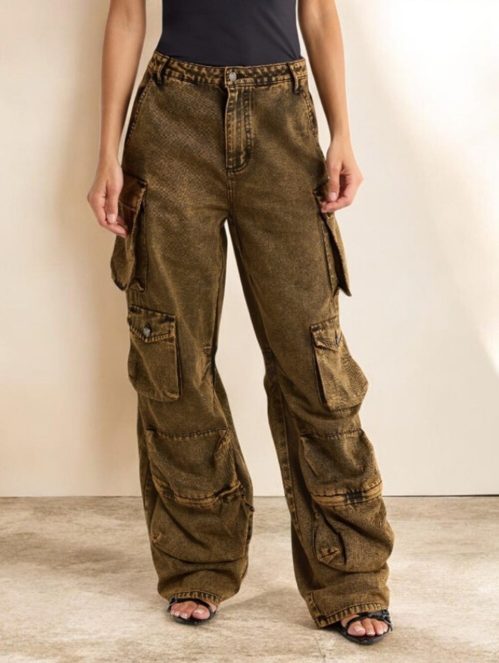 AFRM PARKER Baggy Distressed Brown Wide-Leg Cargo Jeans